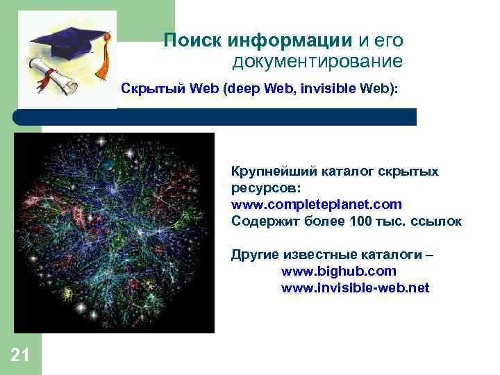 Поиск информации и его документирование Скрытый Web (deep Web, invisible Web): Крупнейший каталог скрытых