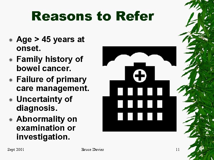 Reasons to Refer Age > 45 years at onset. Family history of bowel cancer.