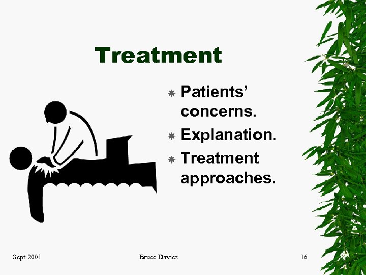 Treatment Patients’ concerns. Explanation. Treatment approaches. Sept 2001 Bruce Davies 16 