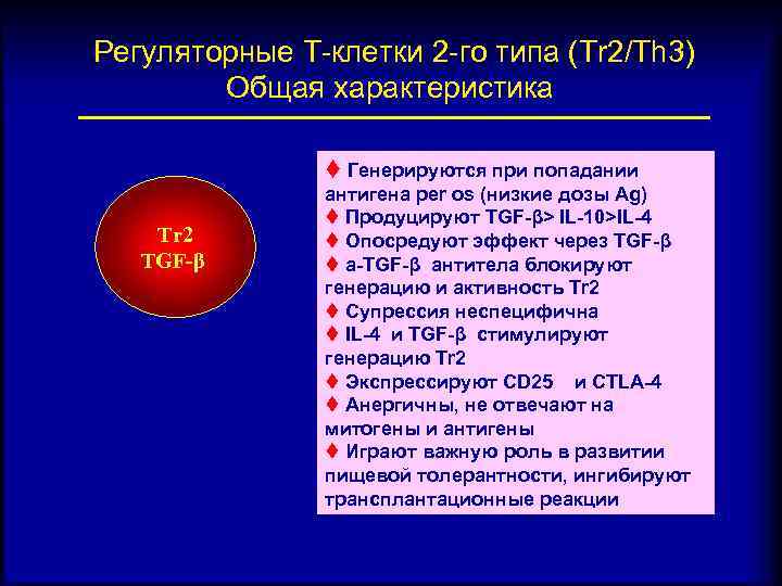 Регуляторные Т-клетки 2 -го типа (Tr 2/Th 3) Общая характеристика t Генерируются при попадании
