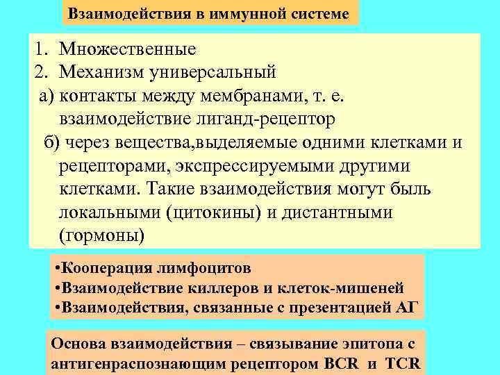 Взаимодействия в иммунной системе 1. Множественные 2. Механизм универсальный а) контакты между мембранами, т.