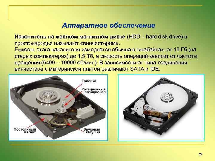 Аппаратное обеспечение Накопитель на жестком магнитном диске (HDD – hard disk drive) в простонародье