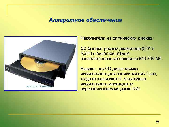 Аппаратное обеспечение Накопители на оптических дисках: CD бывают разных диаметров (3, 5" и 5,