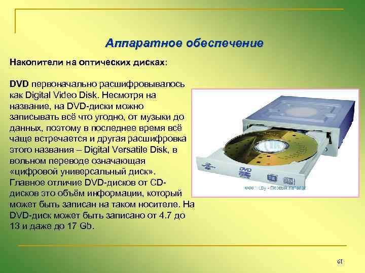 Аппаратное обеспечение Накопители на оптических дисках: DVD первоначально расшифровывалось как Digital Video Disk. Несмотря
