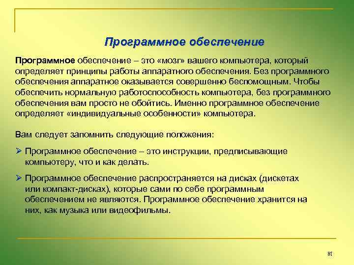 Программное обеспечение – это «мозг» вашего компьютера, который определяет принципы работы аппаратного обеспечения. Без