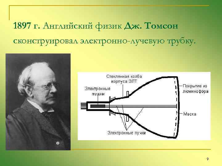 1897 г. Английский физик Дж. Томсон сконструировал электронно-лучевую трубку. 9 