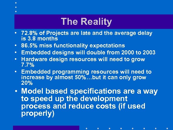 The Reality • 72. 8% of Projects are late and the average delay is