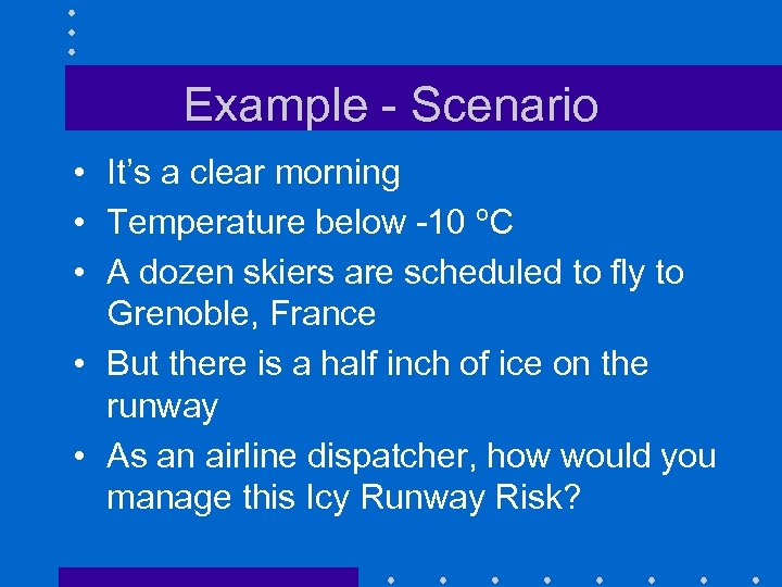 Example - Scenario • It’s a clear morning • Temperature below -10 ºC •