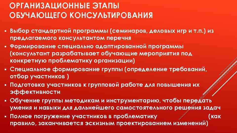 ОРГАНИЗАЦИОННЫЕ ЭТАПЫ ОБУЧАЮЩЕГО КОНСУЛЬТИРОВАНИЯ Выбор стандартной программы (семинаров, деловых игр и т. п. )