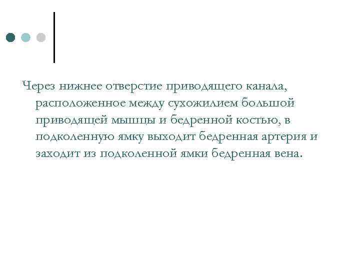Через нижнее отверстие приводящего канала, расположенное между сухожилием большой приводящей мышцы и бедренной костью,