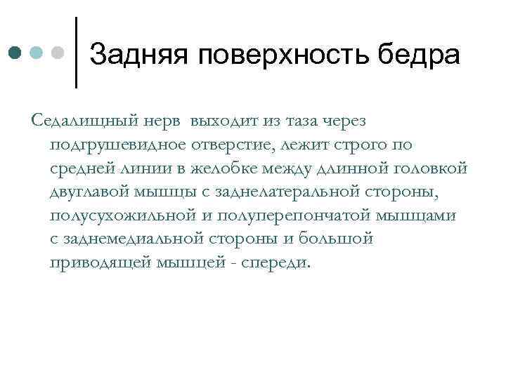 Задняя поверхность бедра Седалищный нерв выходит из таза через подгрушевидное отверстие, лежит строго по
