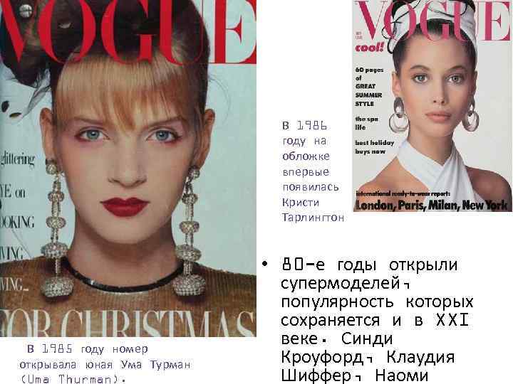 В 1986 году на обложке впервые появилась Кристи Тарлингтон В 1985 году номер открывала