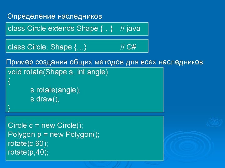 Определение наследников class Circle extends Shape {…} // java class Circle: Shape {…} //