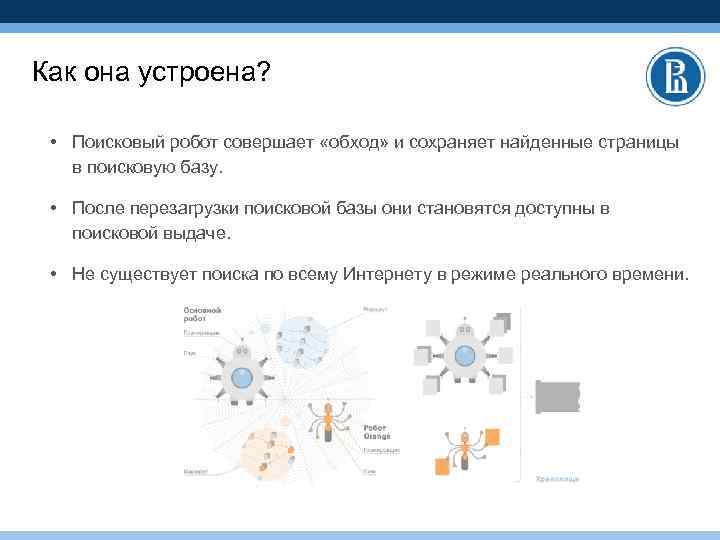 Как она устроена? • Поисковый робот совершает «обход» и сохраняет найденные страницы в поисковую