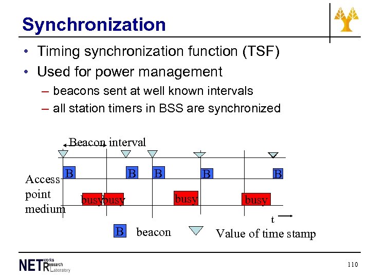 Synchronization • Timing synchronization function (TSF) • Used for power management – beacons sent