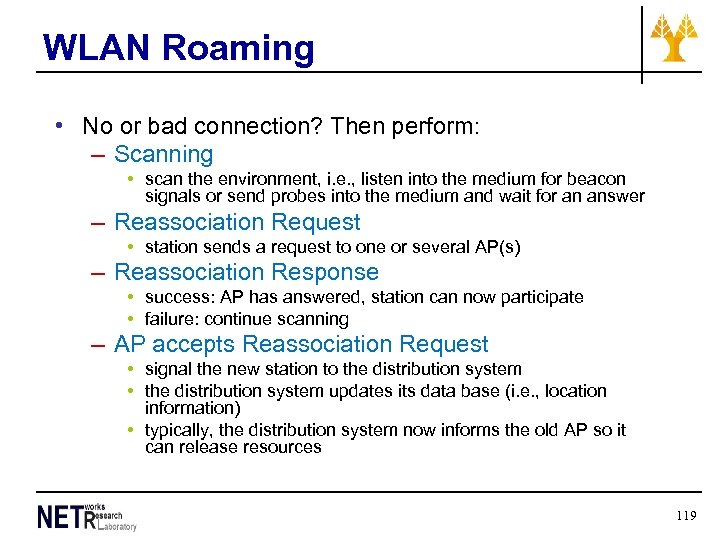 WLAN Roaming • No or bad connection? Then perform: – Scanning • scan the