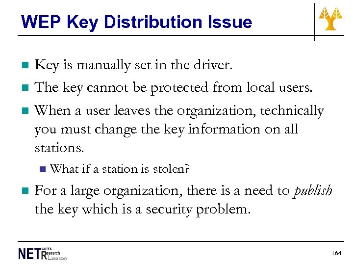 WEP Key Distribution Issue n n n Key is manually set in the driver.