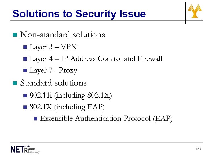 Solutions to Security Issue n Non-standard solutions Layer 3 – VPN n Layer 4