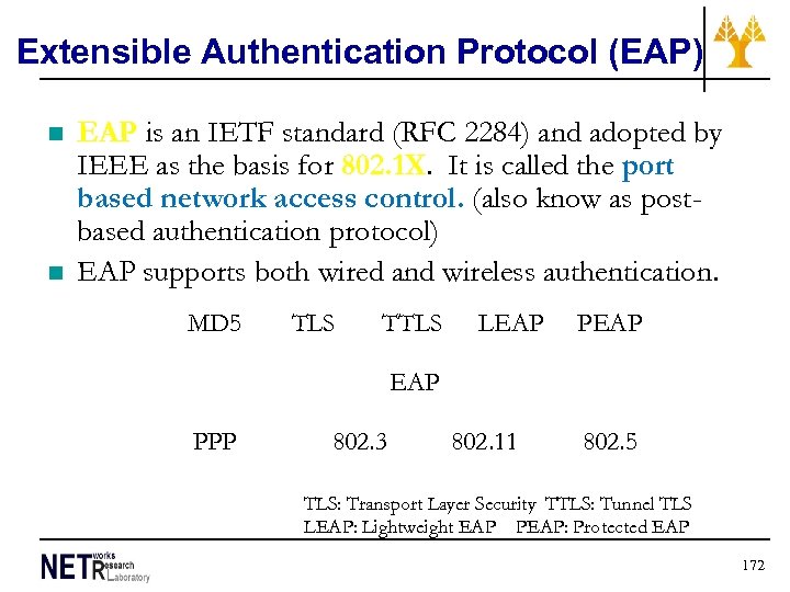 Extensible Authentication Protocol (EAP) n n EAP is an IETF standard (RFC 2284) and