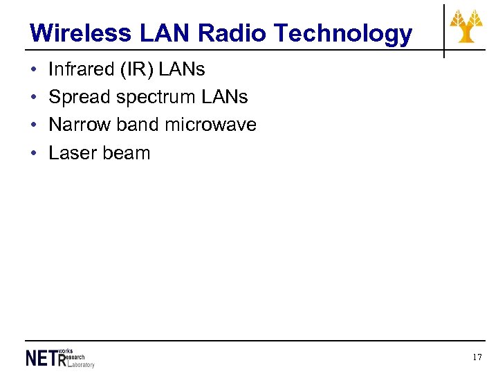 Wireless LAN Radio Technology • • Infrared (IR) LANs Spread spectrum LANs Narrow band