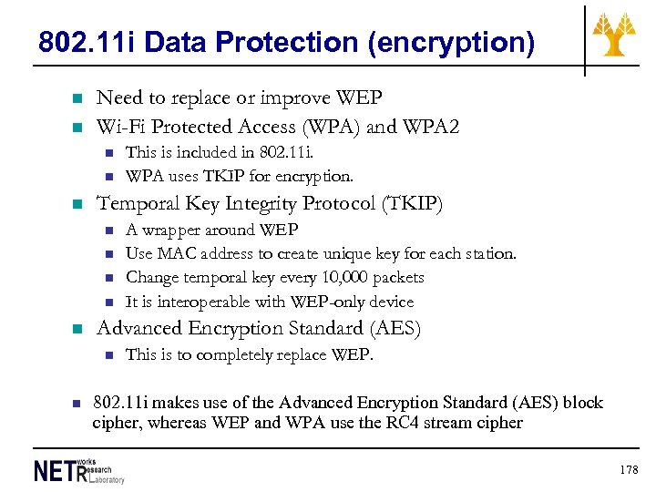 802. 11 i Data Protection (encryption) n n Need to replace or improve WEP