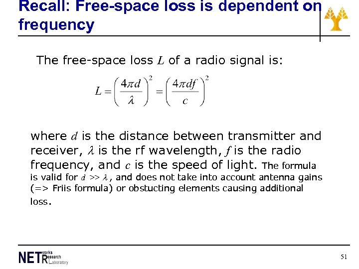 Recall: Free-space loss is dependent on frequency The free-space loss L of a radio