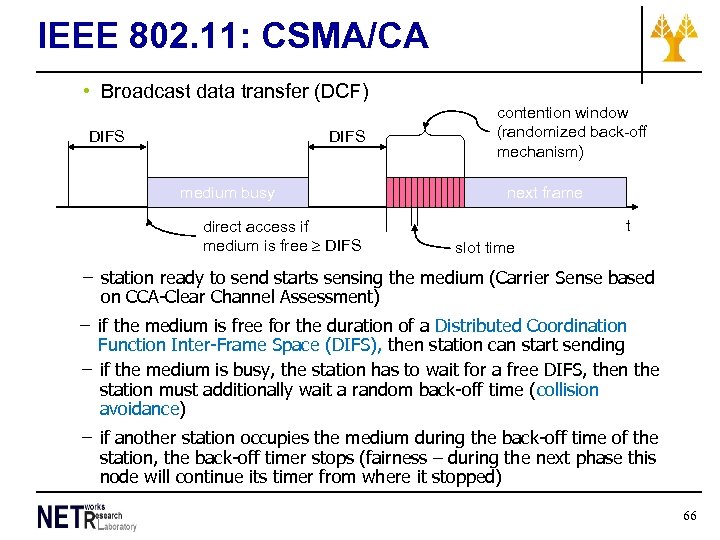 IEEE 802. 11: CSMA/CA • Broadcast data transfer (DCF) DIFS medium busy direct access