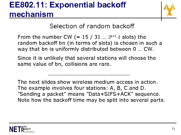 EE 802. 11: Exponential backoff mechanism Selection of random backoff From the number CW