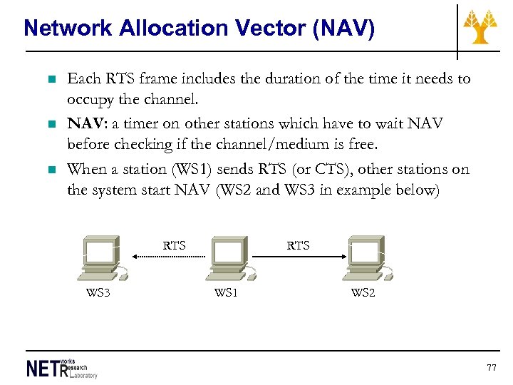 Network Allocation Vector (NAV) n n n Each RTS frame includes the duration of