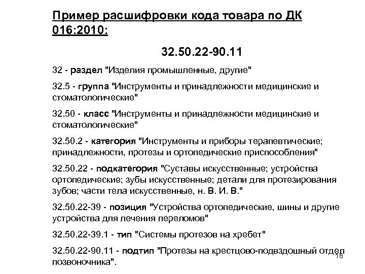 Пример расшифровки кода товара по ДК 016: 2010: 32. 50. 22 -90. 11 32