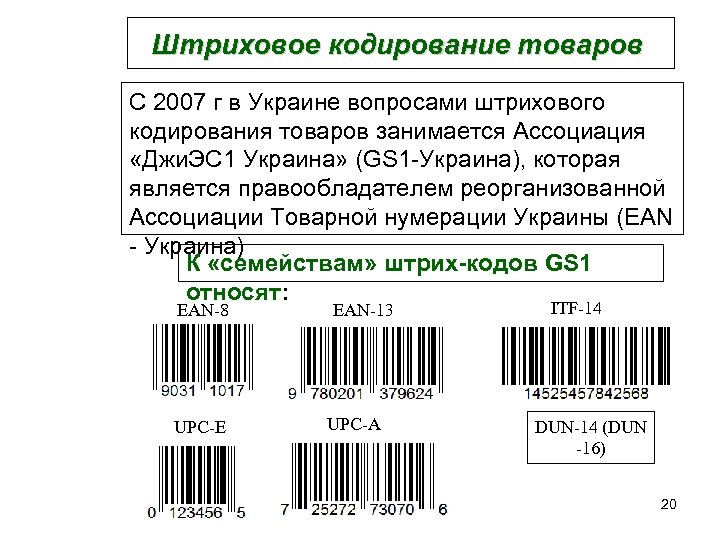 Штриховое кодирование товаров С 2007 г в Украине вопросами штрихового кодирования товаров занимается Ассоциация