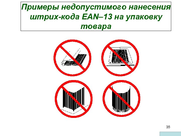 Примеры недопустимого нанесения штрих-кода EAN– 13 на упаковку товара 35 