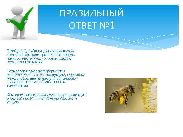 ПРАВИЛЬНЫЙ ОТВЕТ № 1 В кибуце Сде-Элиягу эта израильская компания разводит различные породы пауков,