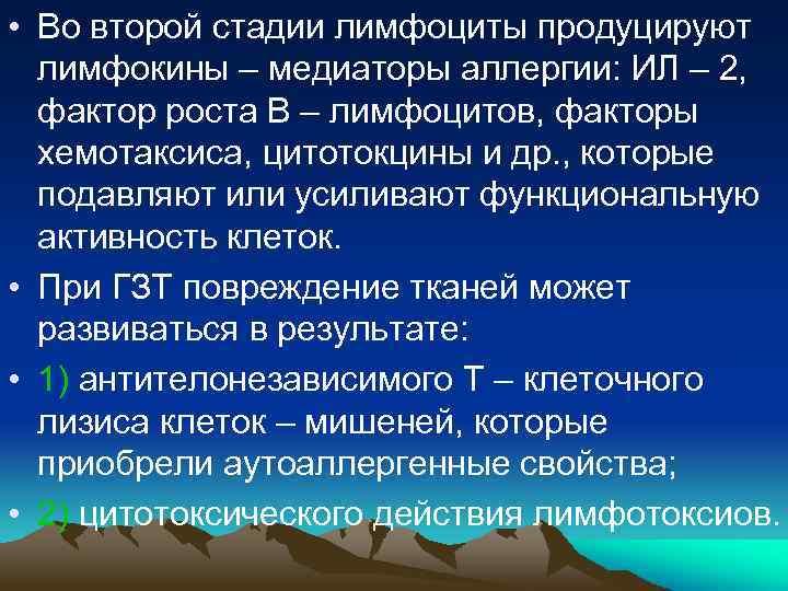  • Во второй стадии лимфоциты продуцируют лимфокины – медиаторы аллергии: ИЛ – 2,