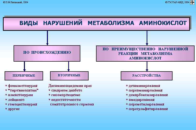 © П. Ф. Литвицкий, 2004 © ГЭОТАР-МЕД, 2004 ВИДЫ НАРУШЕНИЙ МЕТАБОЛИЗМА АМИНОКИСЛОТ ПО ПРОИСХОЖДЕНИЮ