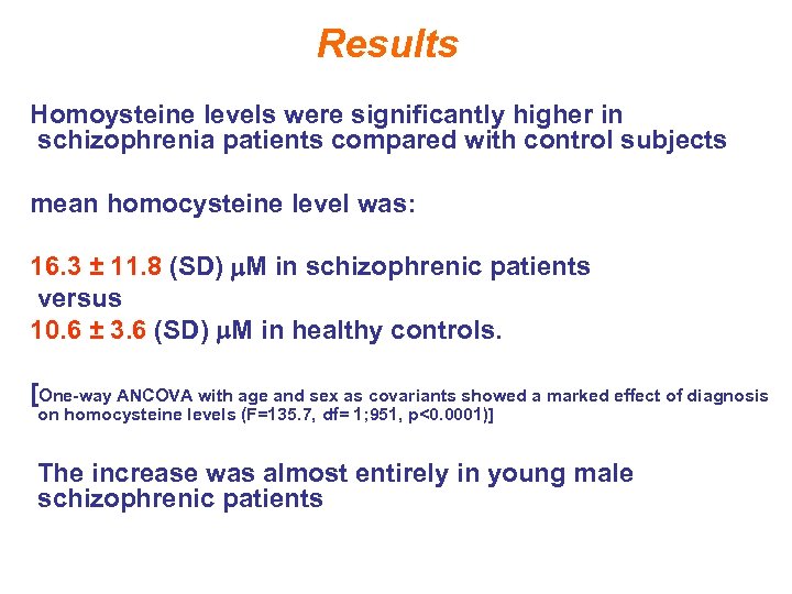Results Homoysteine levels were significantly higher in schizophrenia patients compared with control subjects mean