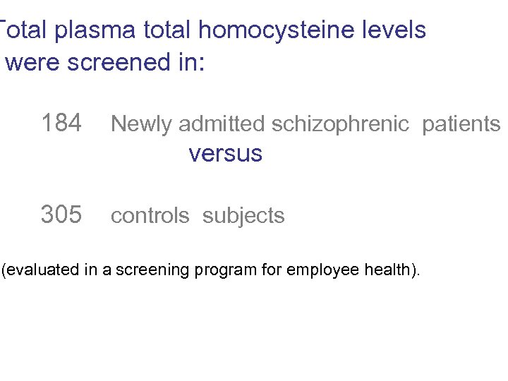  Total plasma total homocysteine levels were screened in: 184 Newly admitted schizophrenic patients