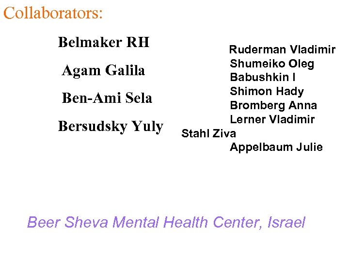 Collaborators: Belmaker RH Ruderman Vladimir Shumeiko Oleg Agam Galila Babushkin I Shimon Hady Ben-Ami