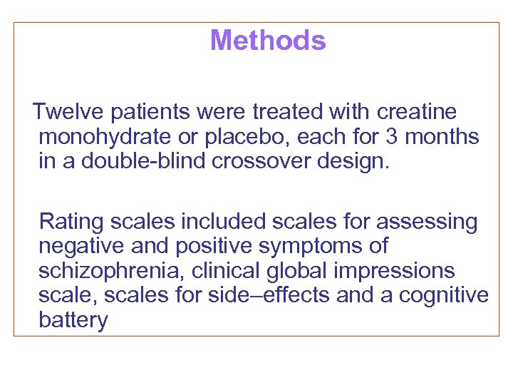  Methods Twelve patients were treated with creatine monohydrate or placebo, each for 3