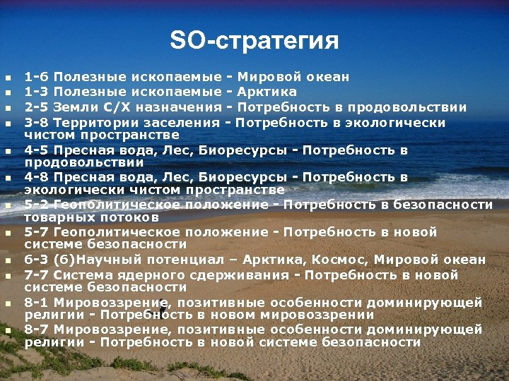 SO-стратегия n n n 1 -6 Полезные ископаемые - Мировой океан 1 -3 Полезные
