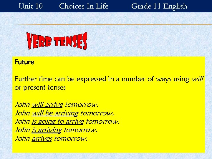 Unit 10 Choices In Life Grade 11 English Future Further time can be expressed
