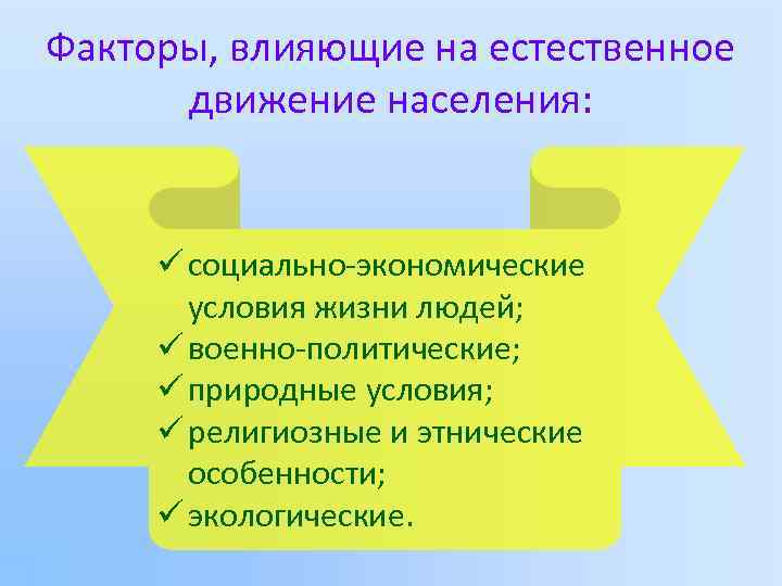 Факторы, влияющие на естественное движение населения: ü социально-экономические условия жизни людей; ü военно-политические; ü