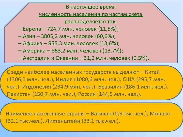 В настоящее время численность населения по частям света распределяется так: – Европа – 724,