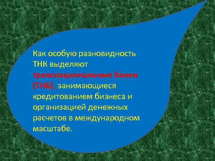 Как особую разновидность ТНК выделяют транснациональные банки (ТНБ), занимающиеся кредитованием бизнеса и организацией денежных