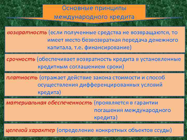 Основные принципы международного кредита возвратность (если полученные средства не возвращаются, то имеет место безвозвратная