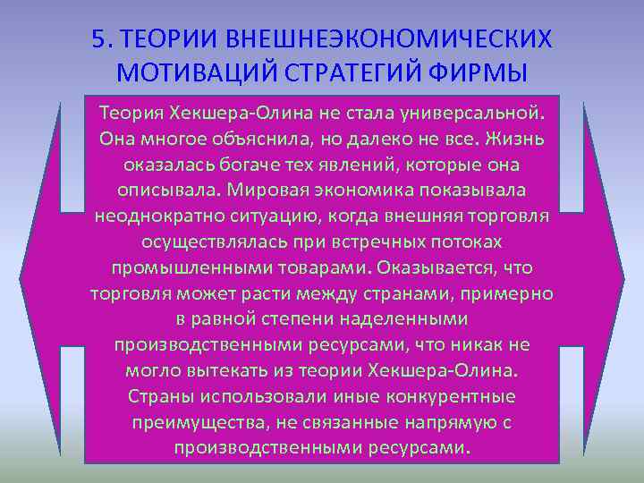 5. ТЕОРИИ ВНЕШНЕЭКОНОМИЧЕСКИХ МОТИВАЦИЙ СТРАТЕГИЙ ФИРМЫ Теория Хекшера-Олина не стала универсальной. Она многое объяснила,