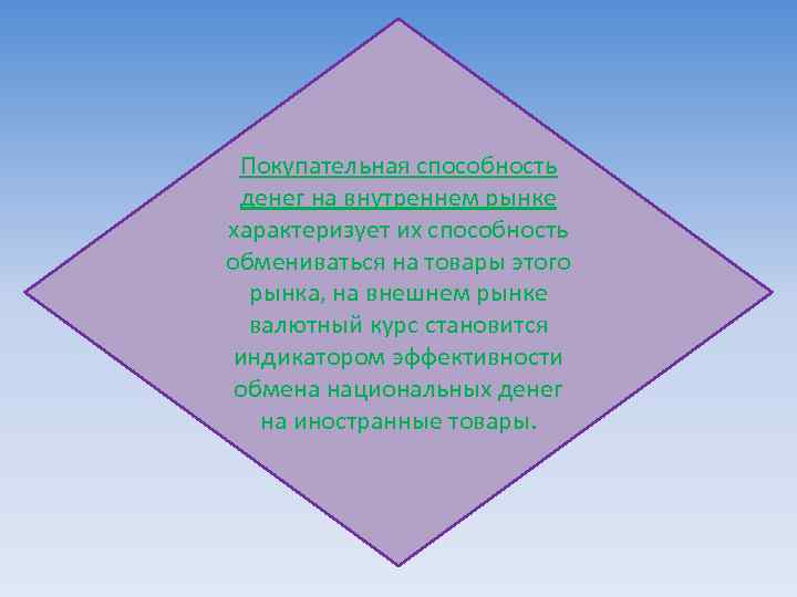 Покупательная способность денег на внутреннем рынке характеризует их способность обмениваться на товары этого рынка,