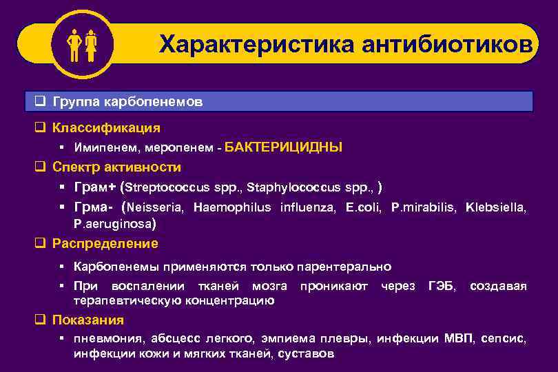  Характеристика антибиотиков q Группа карбопенемов q Классификация § Имипенем, меропенем - БАКТЕРИЦИДНЫ q