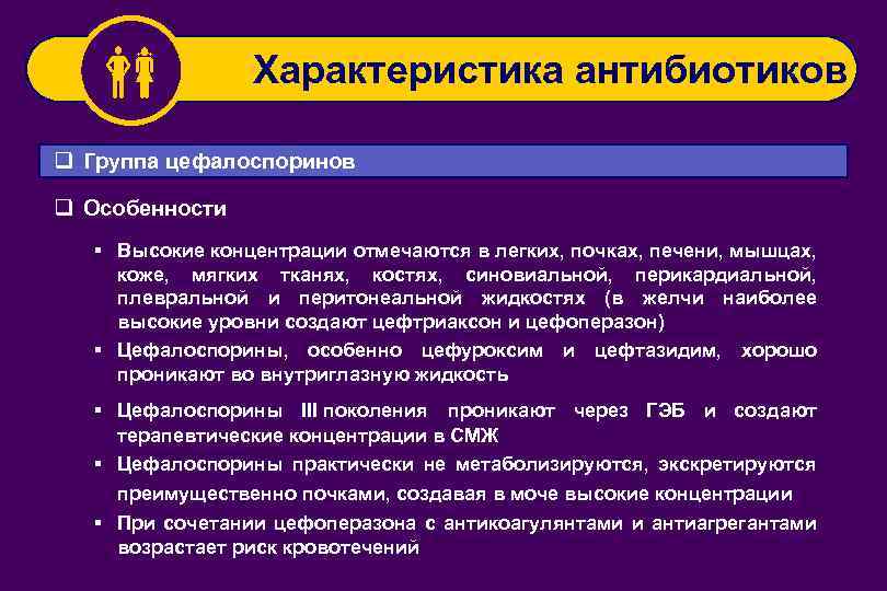  Характеристика антибиотиков q Группа цефалоспоринов q Особенности § Высокие концентрации отмечаются в легких,