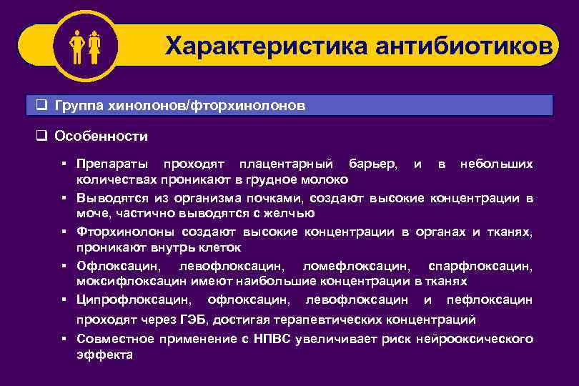  Характеристика антибиотиков q Группа хинолонов/фторхинолонов q Особенности § Препараты проходят плацентарный барьер, и